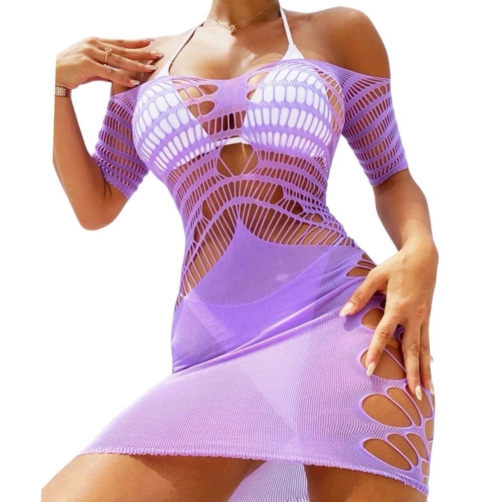 Y2K Hollow Out Off Shoulder Mesh Crochet Coverup Swim Mesh Dress - Picture 3 of 7